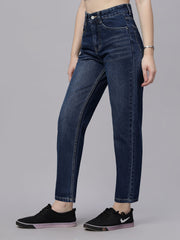 Zuya Whisker Mom Fit Denim Jeans - Effortless Vintage Cool - Dark Blue White Wash - MY3060 W DX2