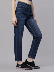 Zuya Whisker Mom Fit Denim Jeans - Effortless Vintage Cool - Dark Blue White Wash - MY3060 W DX2
