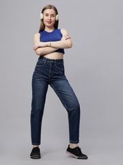 Zuya Whisker Mom Fit Denim Jeans - Effortless Vintage Cool - Dark Blue White Wash - MY3060 W DX2