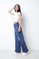 Zuya Whisker Torn Denim Jeans - Casual Rebel Look - Dark Blue - MY2003-DX