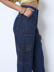 Zuya Straight Fit Plain Denim Cargo Jeans - 6 Pockets / Rugged Utility Meets Everyday Style / Dark Blue - MY4008-DX-CARGO-PLAIN-A
