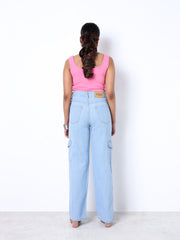 Zuya Straight Fit Plain Denim Cargo Jeans - 6 Pockets / Rugged Utility Meets Everyday Style / Ice Blue - MY4008-ICE-CARGO-A