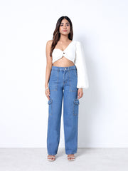 Zuya Straight Fit Plain Denim Cargo Jeans - 6 Pockets / Rugged Utility Meets Everyday Style / Stone Blue - MY4008-STONE-PLAIN-CARGO-A