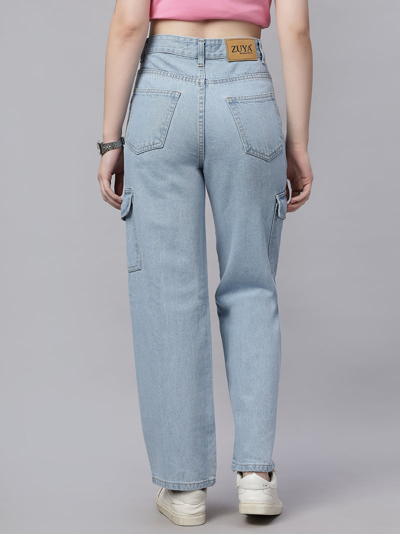 Zuya Ice Blue 6-Pocket Straight Fit Cargo Jeans – Utility Meets Fashion MY4008 ICE