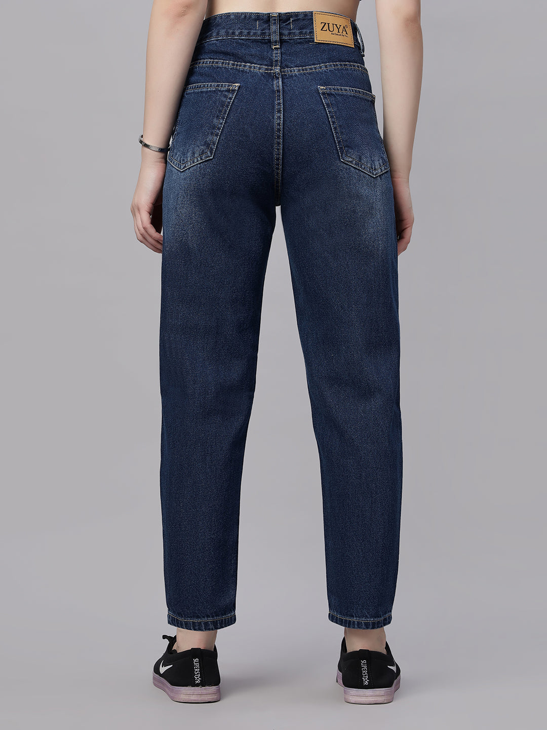 Zuya Whisker Mom Fit Denim Jeans - Effortless Vintage Cool - Dark Blue White Wash - MY3060 W DX2