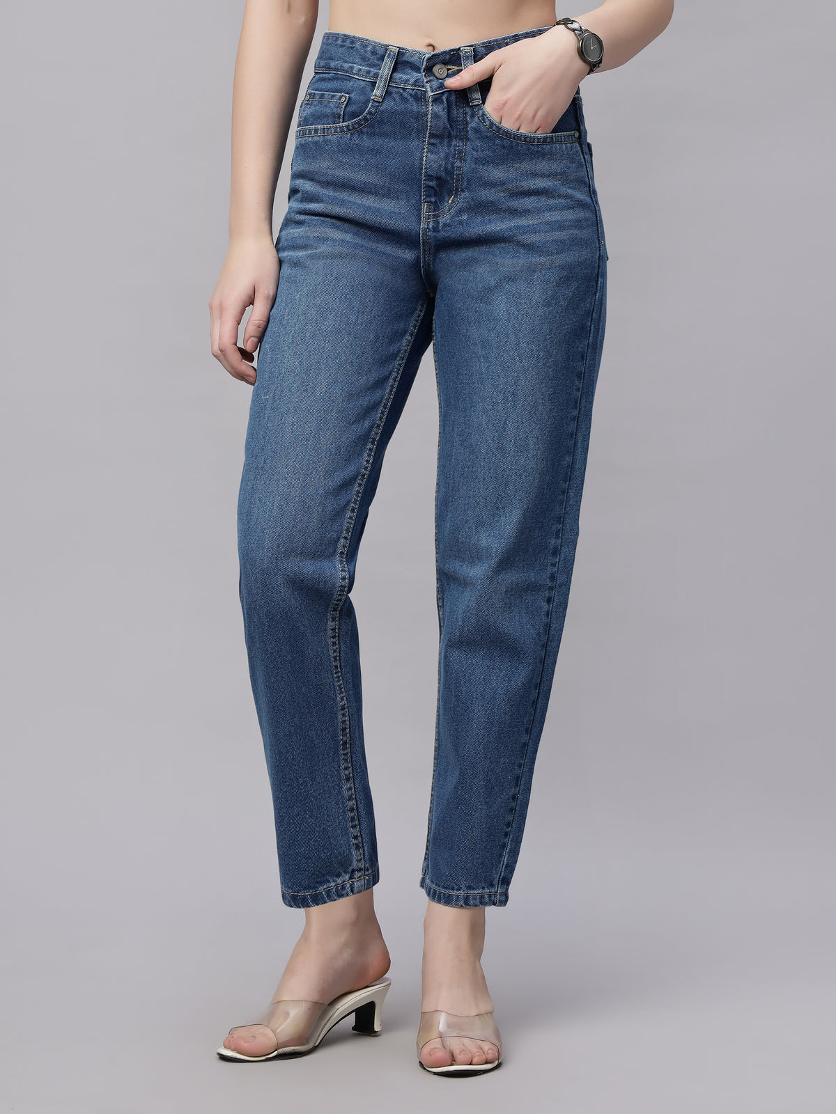 Zuya Whisker Mom Fit Denim Jeans - Effortless Vintage Cool - Stone Blue - MY3060 STONE HOLD