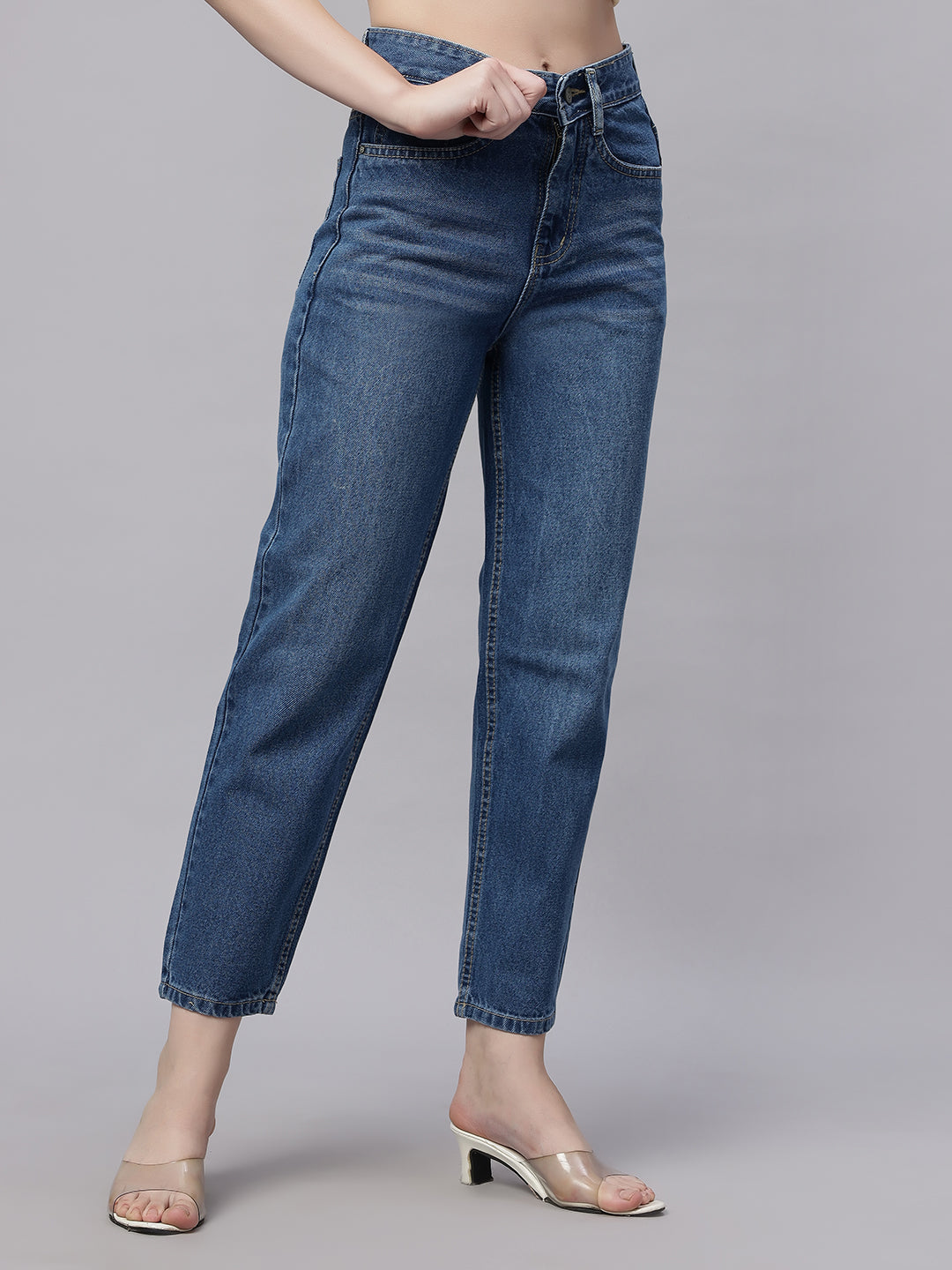 Zuya Whisker Mom Fit Denim Jeans - Effortless Vintage Cool - Stone Blue - MY3060 STONE HOLD