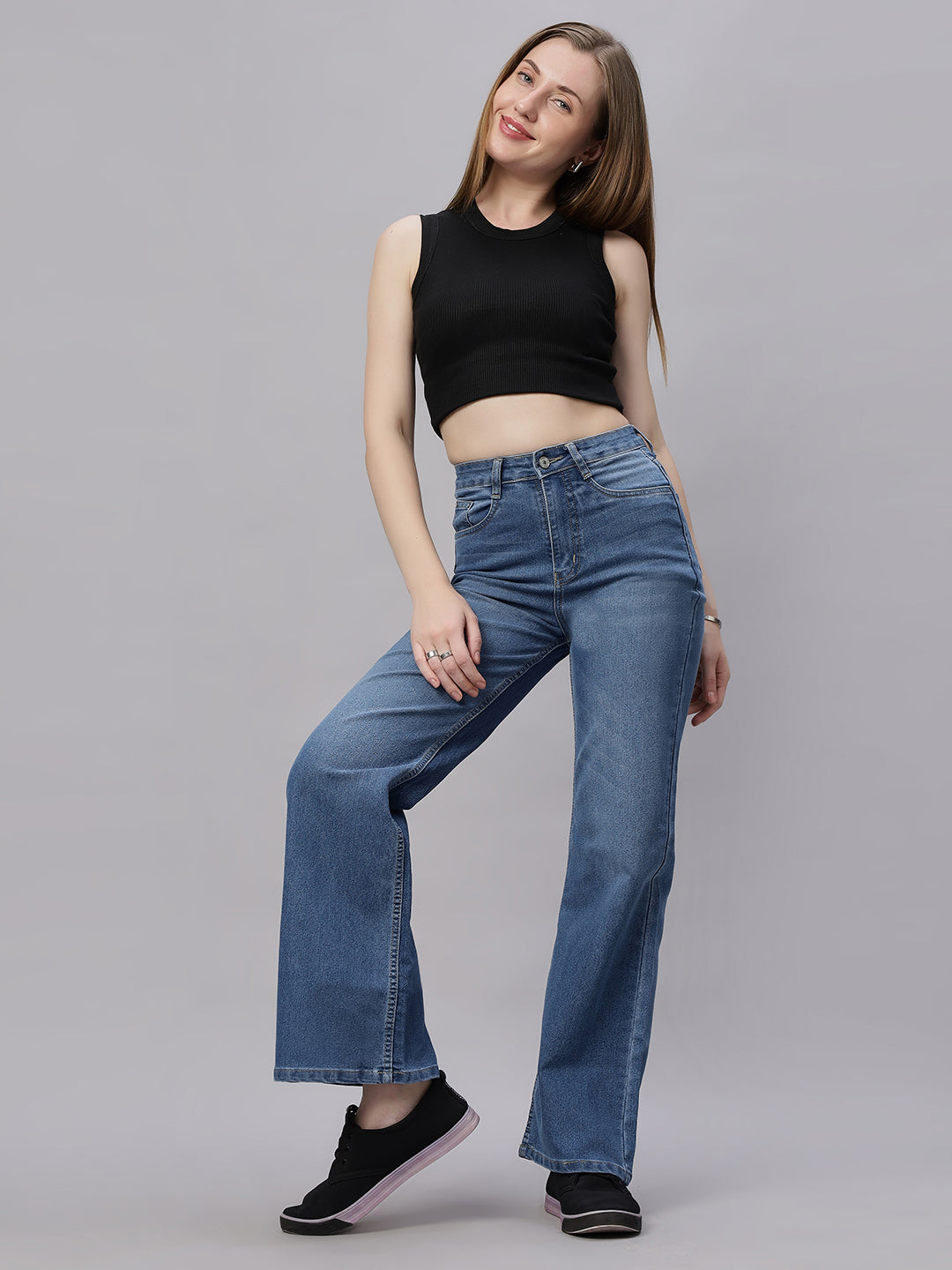Zuya Wide Leg Stretch Denim Jeans - 5 Pockets / Effortless Edge & Elevated Comfort / Stone Blue - MY2058 STONE W STRETCH