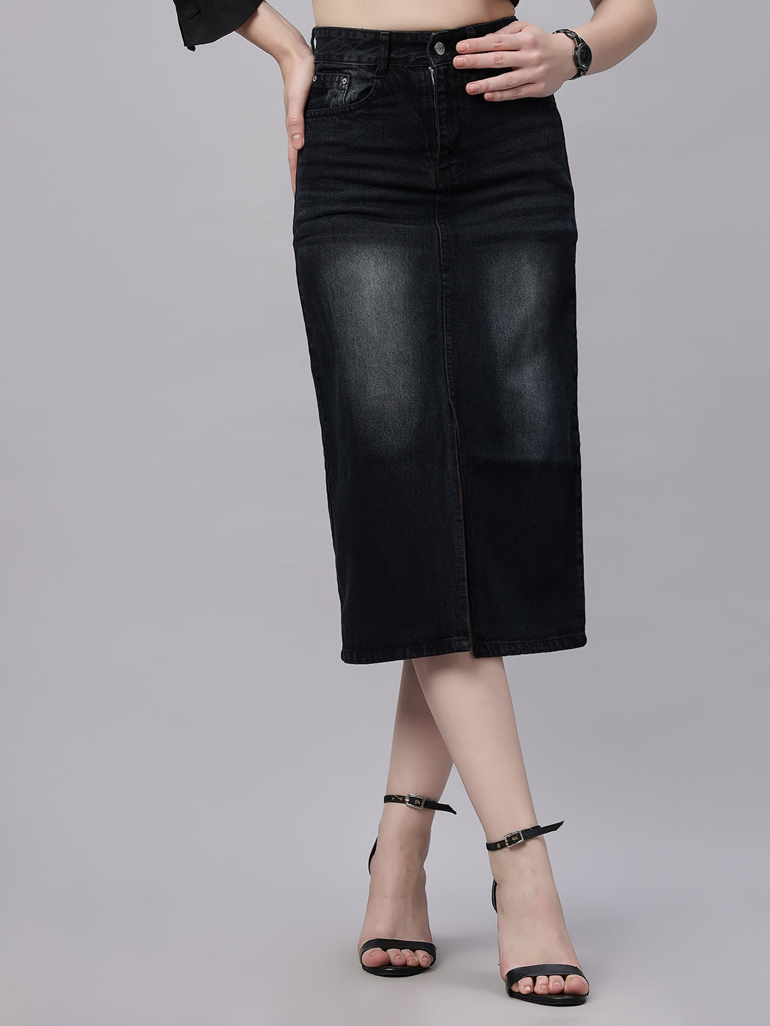 Zuya Black Whisker Denim Skirt Edgy Urban Style MY2060 BLACK