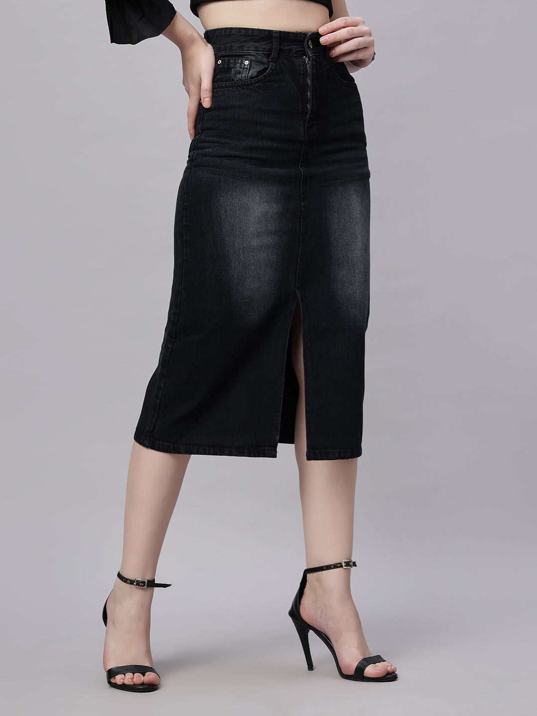 Zuya Black Whisker Denim Skirt Edgy Urban Style MY2060 BLACK
