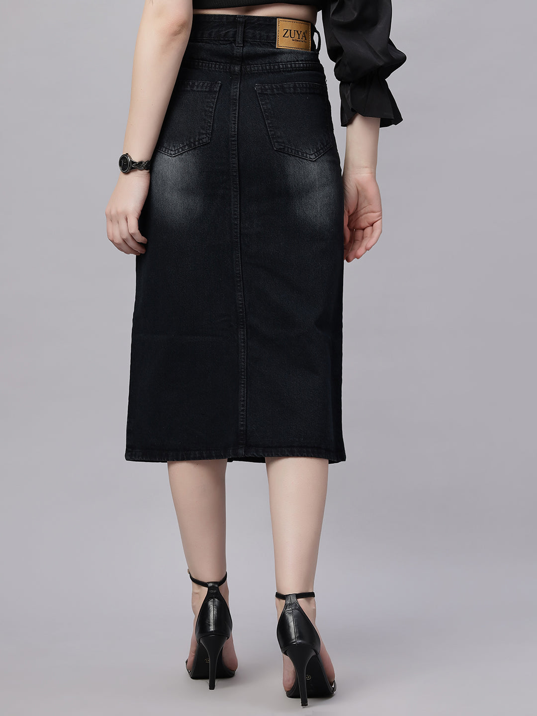 Zuya Black Whisker Denim Skirt Edgy Urban Style MY2060 BLACK