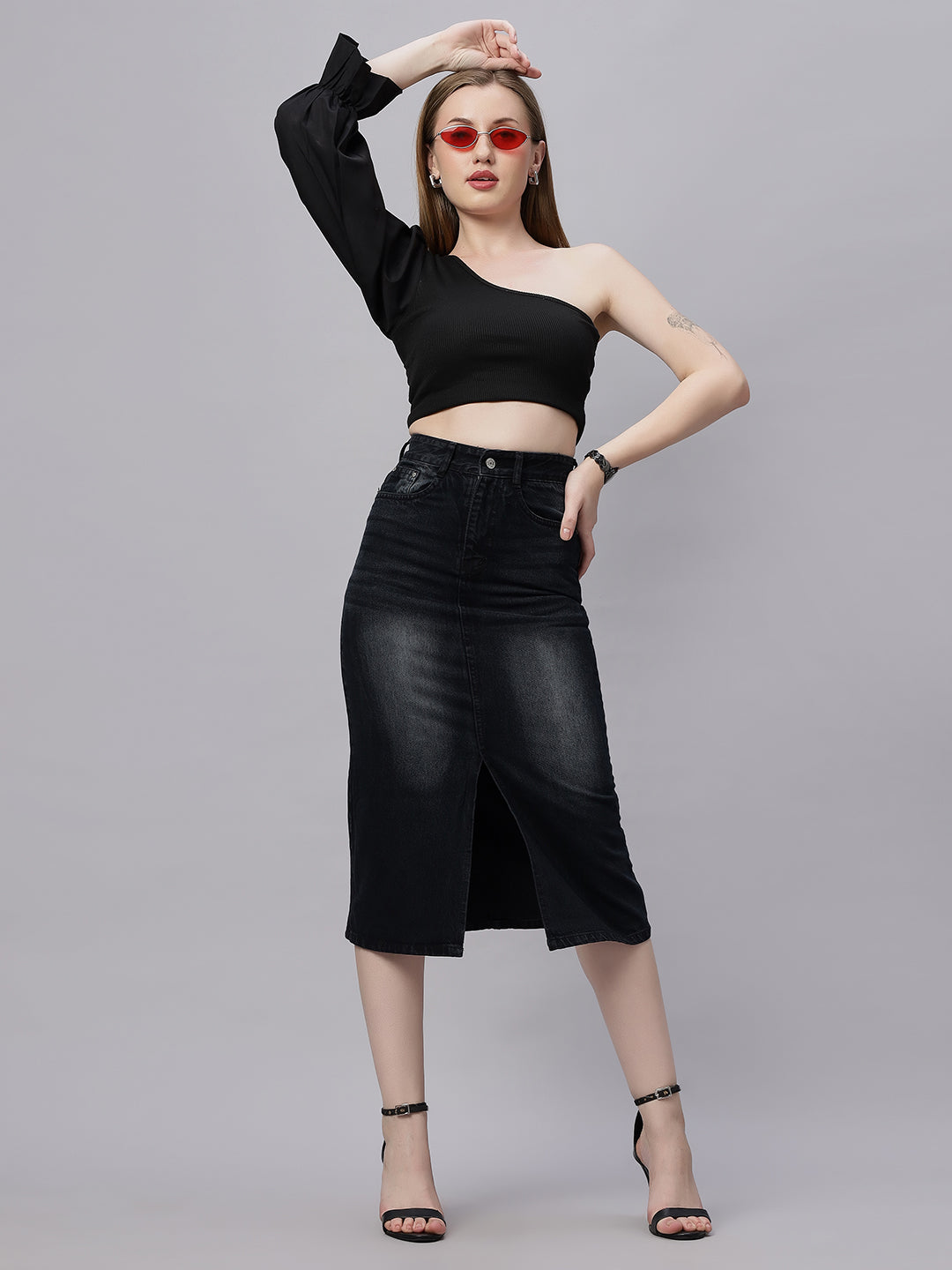 Zuya Black Whisker Denim Skirt Edgy Urban Style MY2060 BLACK