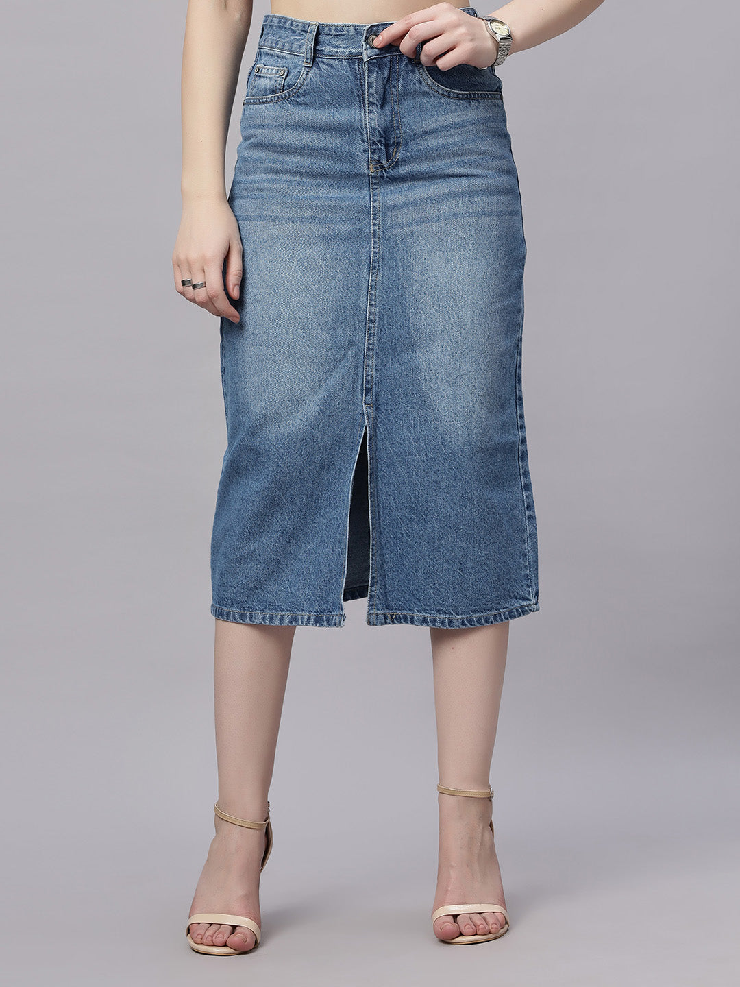 ZUYA Whisker Denim Skirt – Modern Wardrobe Essential / 5-pockets / Stone Blue - MY2060 STONE W