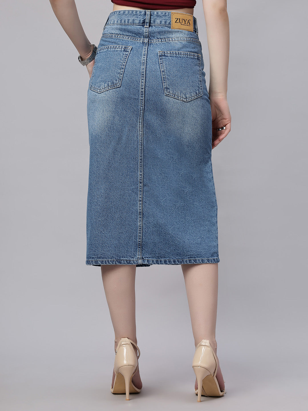 ZUYA Whisker Denim Skirt – Modern Wardrobe Essential / 5-pockets / Stone Blue - MY2060 STONE W