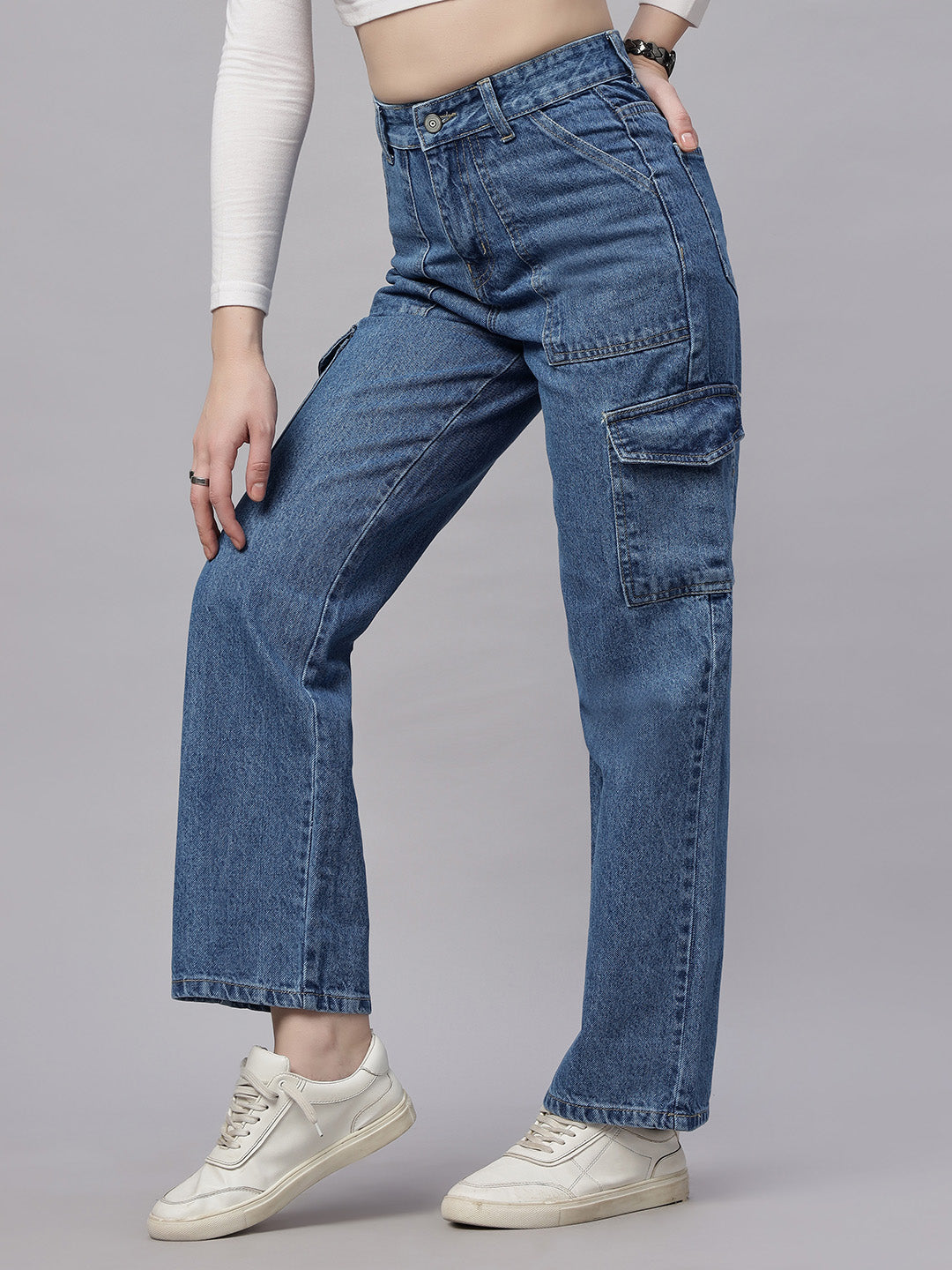 Zuya Straight Fit Denim Cargo Jeans - 6 Pockets / Rugged Utility Meets Everyday Style / Stone Blue - MY4008 STONE