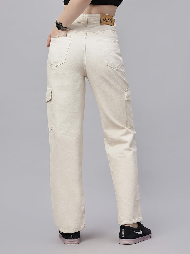 Zuya Cream 6-Pocket Cargo Jeans – Utility Meets Chic MY4008 CREAM
