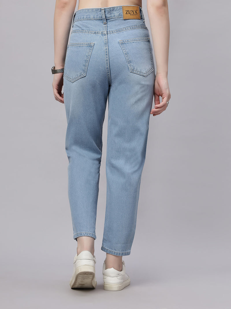 Zuya Light Blue Mom Fit Whisker Denim Jeans – Casual Everyday Style MY3060 ICE W1