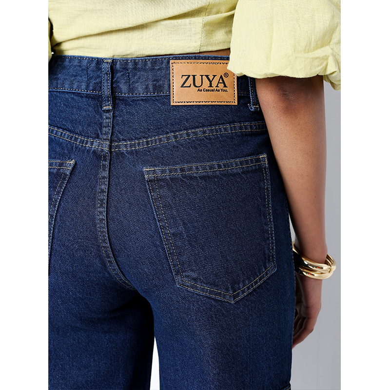 Zuya Straight Fit Plain Denim Cargo Jeans - 6 Pockets / Rugged Utility Meets Everyday Style / Dark Blue - MY4008-DX-CARGO-PLAIN-A