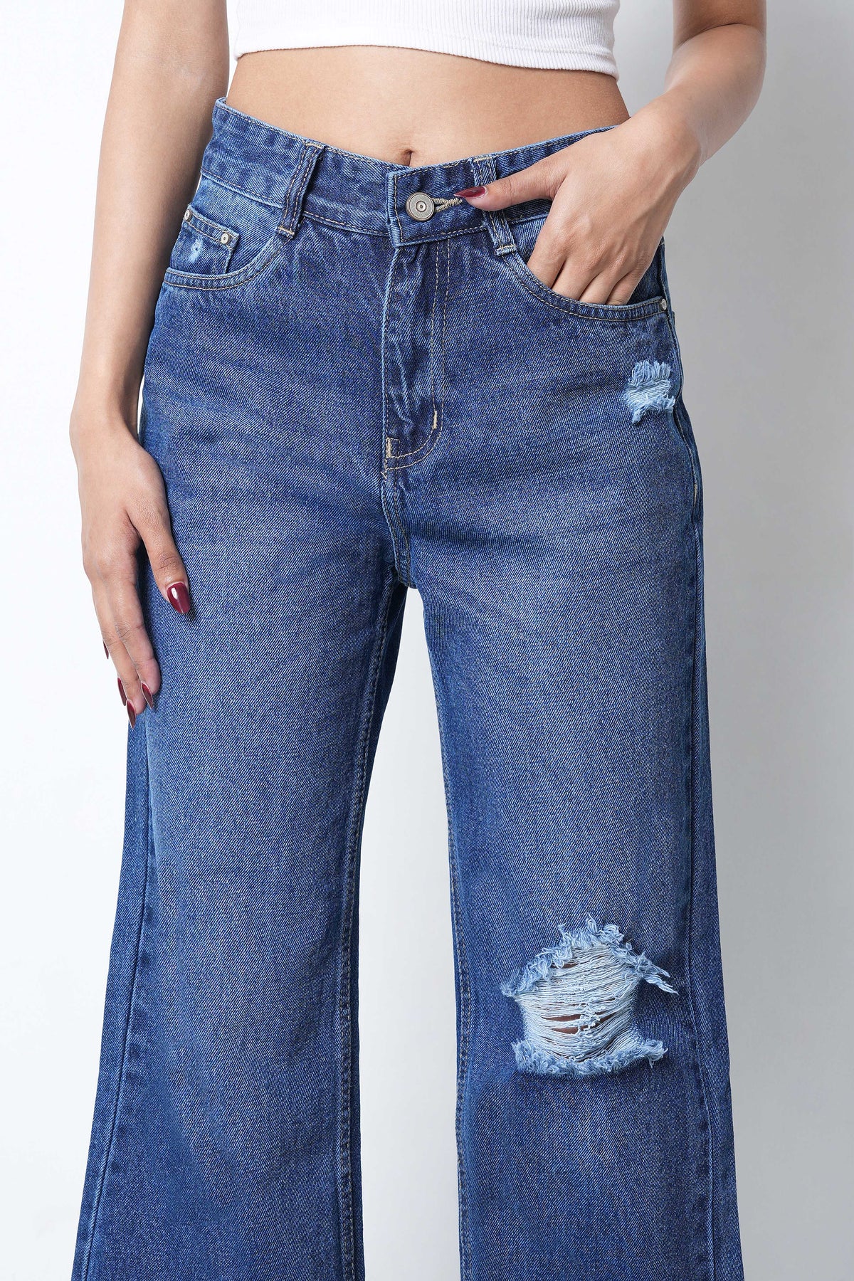Zuya Whisker Torn Denim Jeans - Casual Rebel Look - Blue Shade - MY2003-DX-2