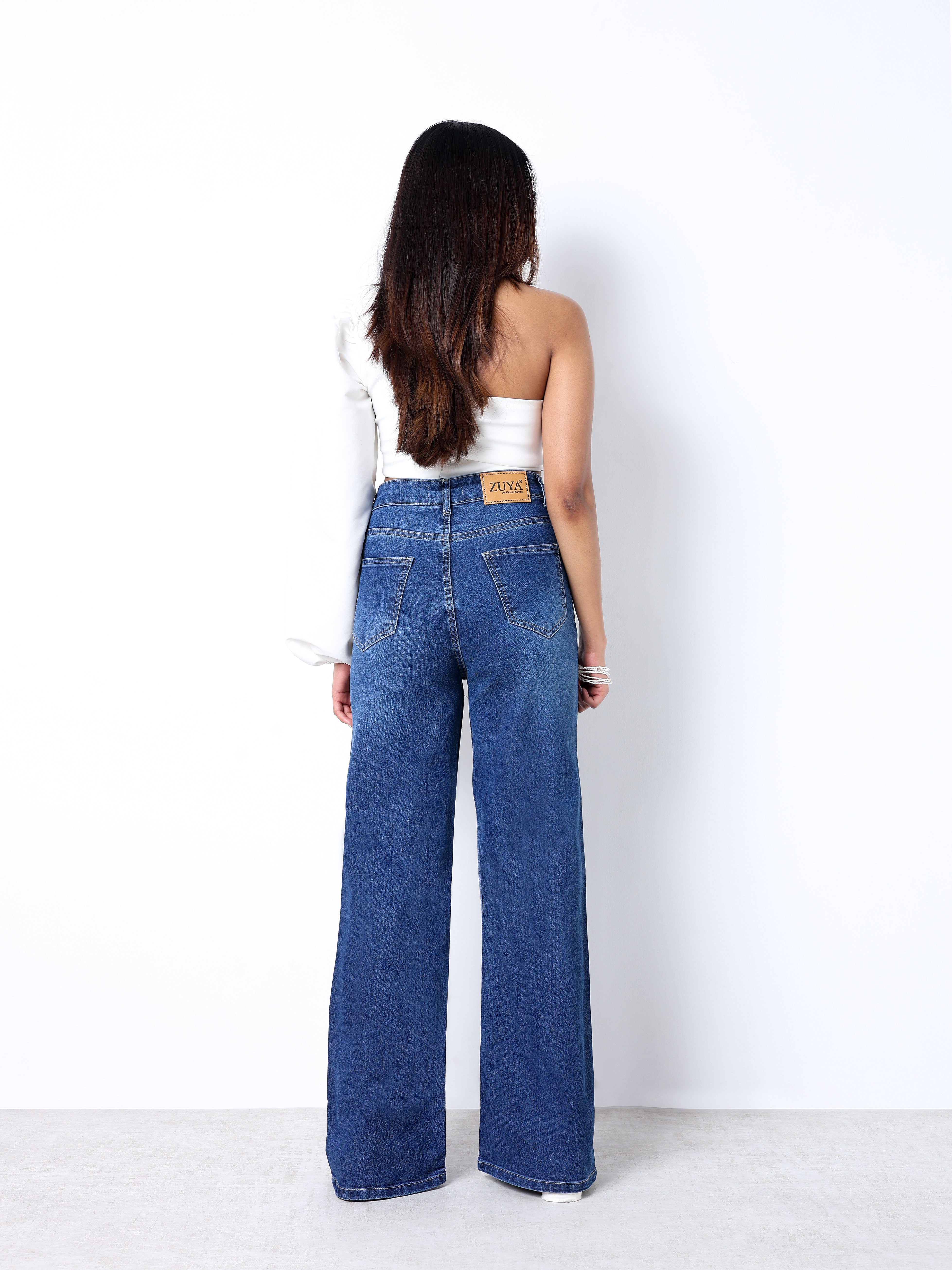 Zuya Wide Leg Stretch Denim Jeans - 5 Pockets / Effortless Edge & Elevated Comfort / Dark Blue With White Shade - MY2058-DX-W-A