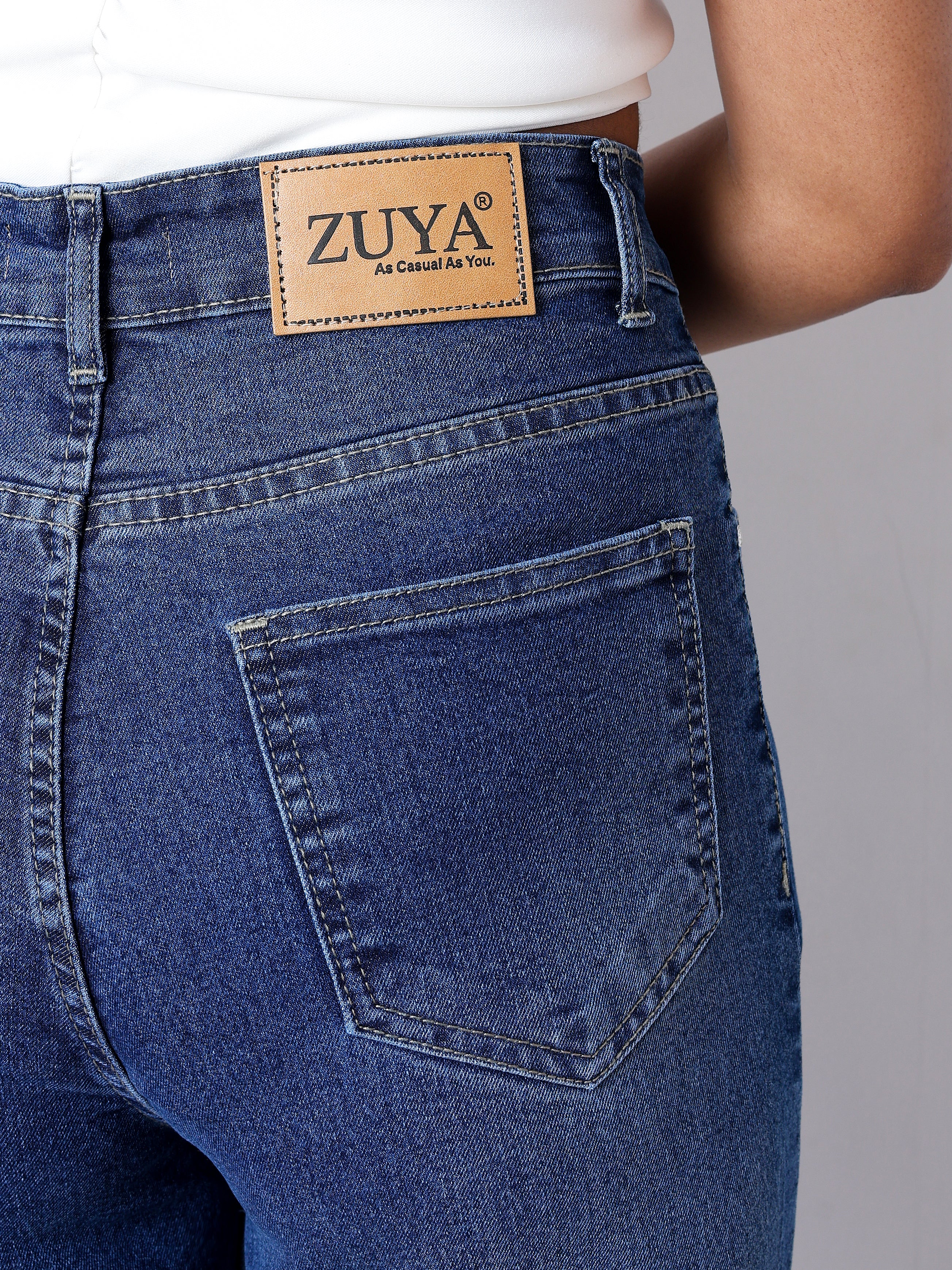 Zuya Wide Leg Stretch Denim Jeans - 5 Pockets / Effortless Edge & Elevated Comfort / Dark Blue With White Shade - MY2058-DX-W-A