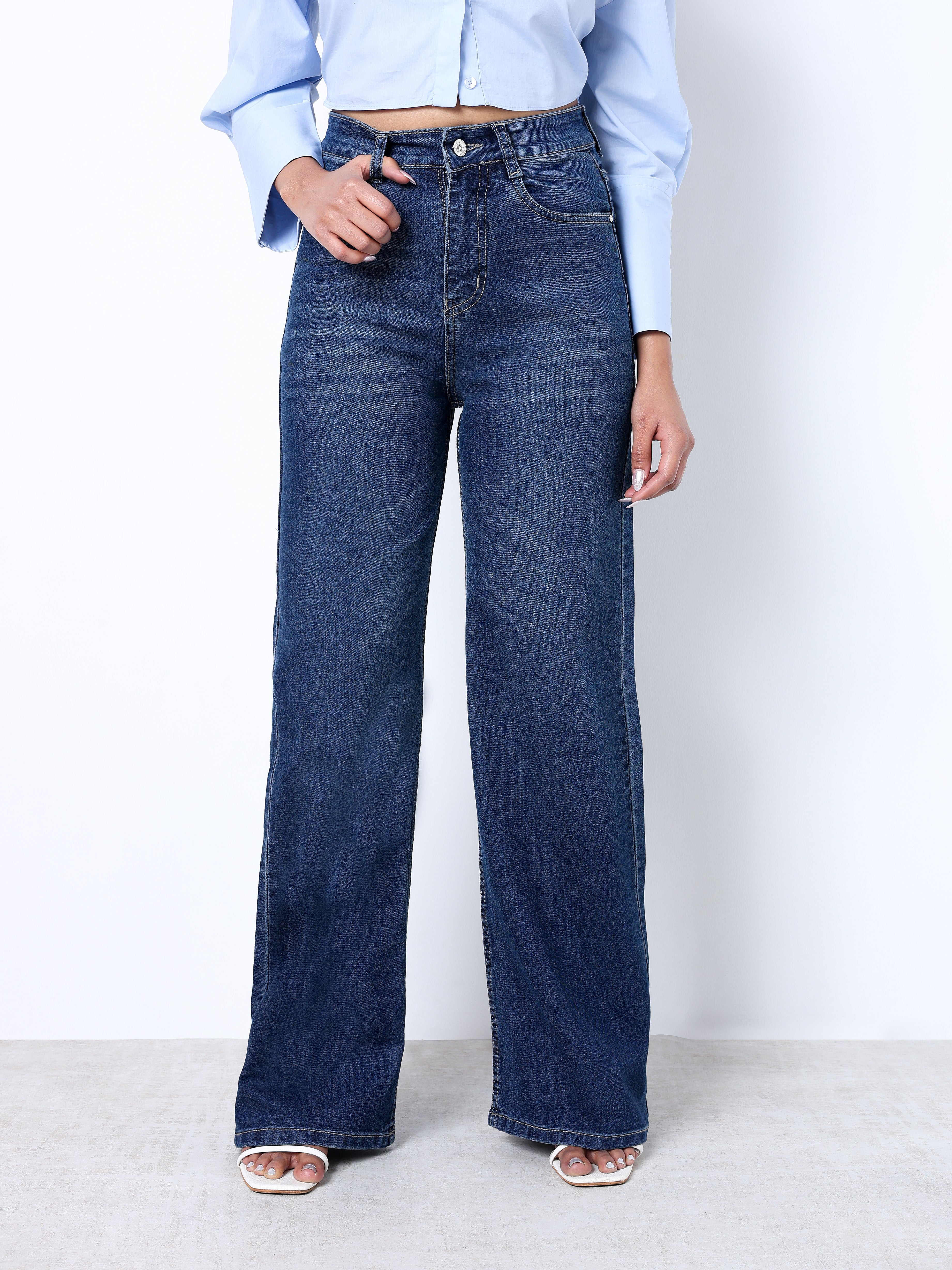 Zuya Wide Leg Stretch Denim Jeans - 5 Pockets / Effortless Edge & Elevated Comfort / Dark Blue With - MY2058-DX-W-TINT