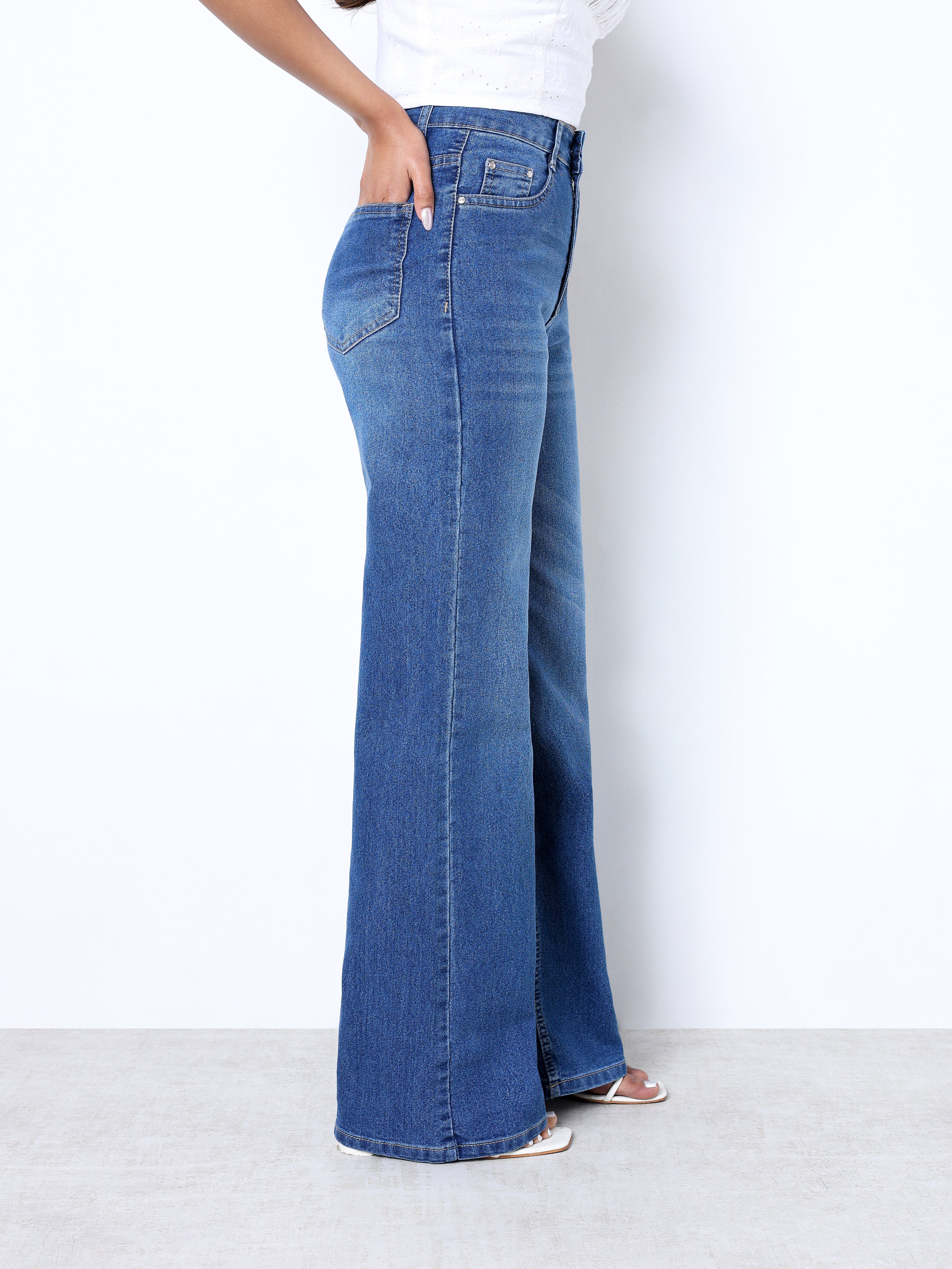 Zuya Wide Leg Stretch Denim Jeans - 5 Pockets / Effortless Edge & Elevated Comfort / White Stone Blue - MY2058-STONE-W-A