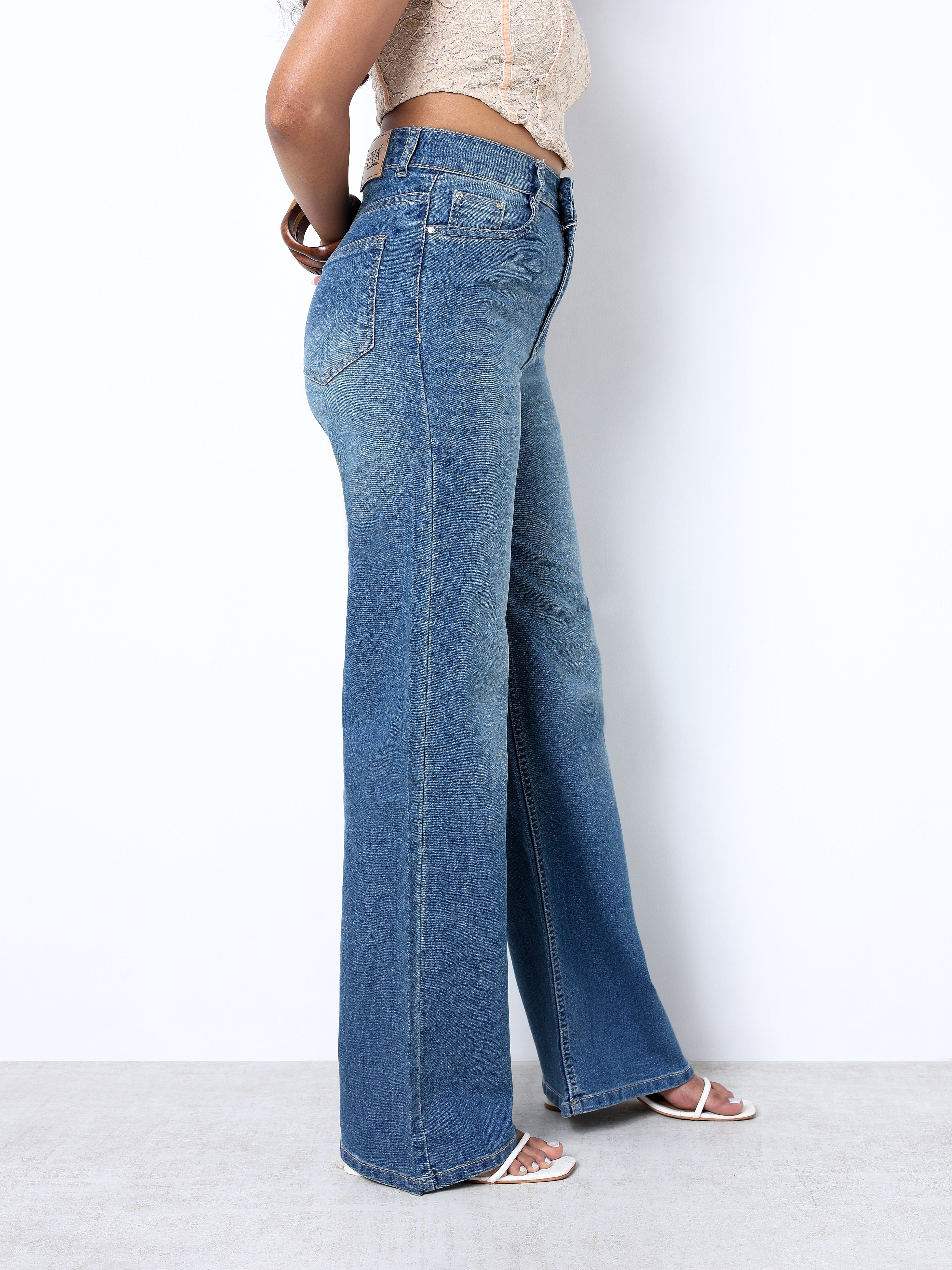 Zuya Wide Leg Stretch Denim Jeans - 5 Pockets / Effortless Edge & Elevated Comfort / White Stone Blue - MY2058-STONE-W-TINT-A