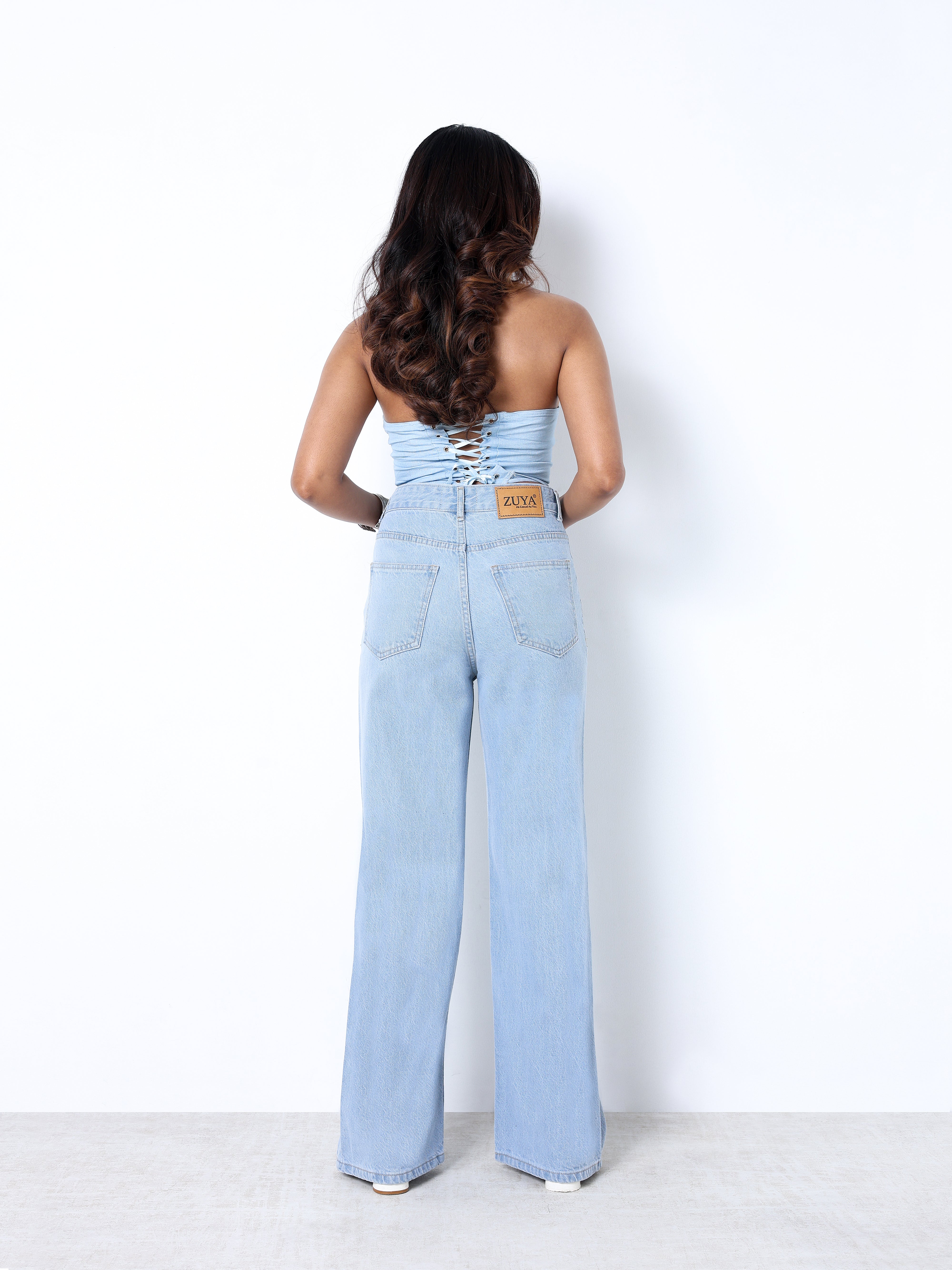 Zuya Wide Leg Plain Denim Jeans - Unadorned Elegance - Ice Blue - MY2059-ICE-PLAIN-A