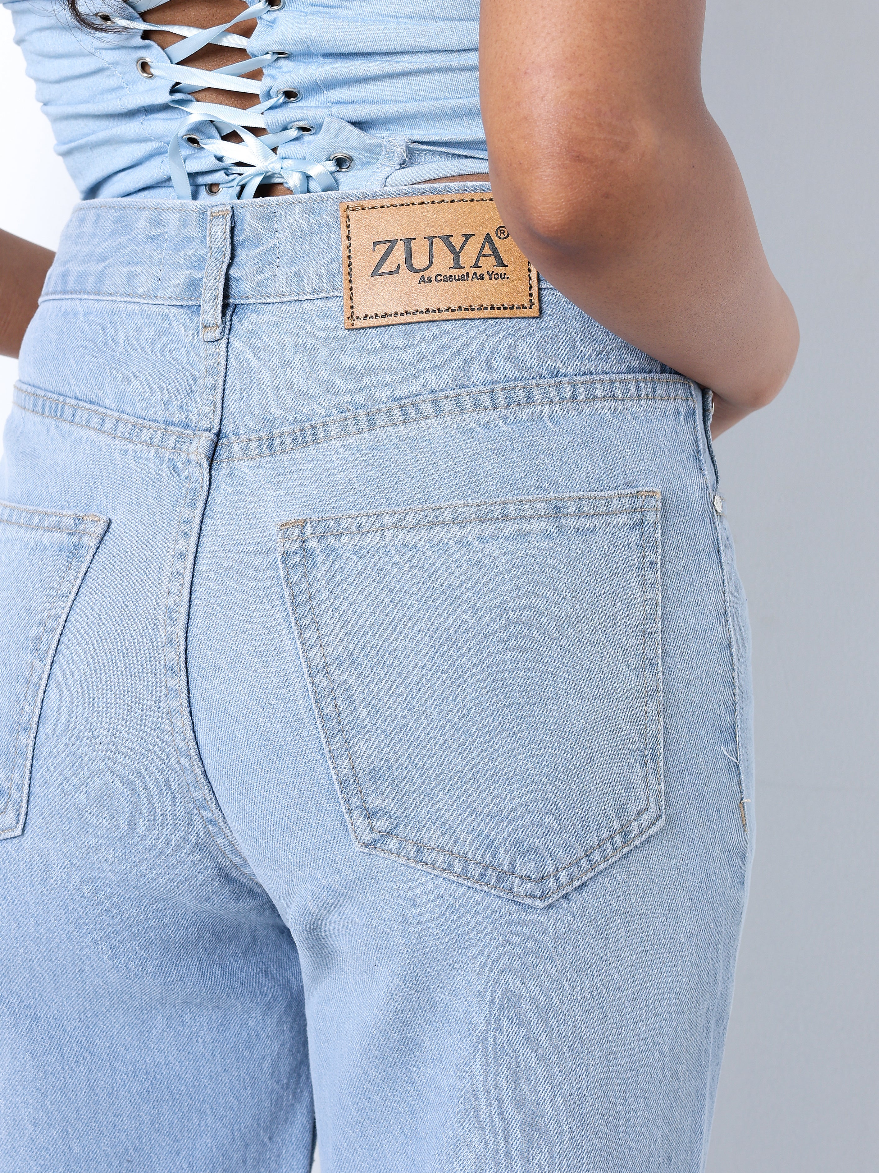 Zuya Wide Leg Plain Denim Jeans - Unadorned Elegance - Ice Blue - MY2059-ICE-PLAIN-A