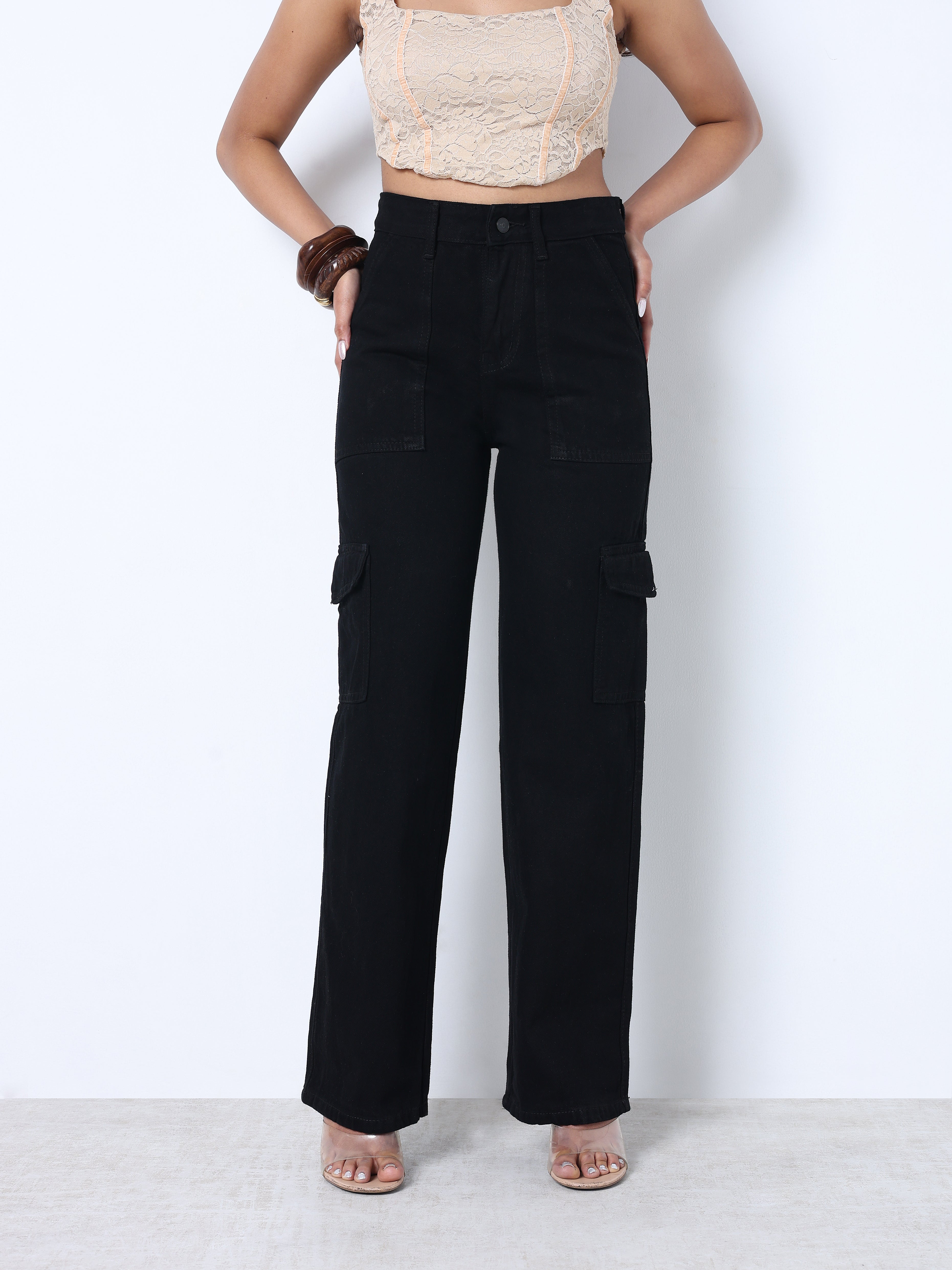 Zuya Straight Fit Plain Denim Cargo Jeans - 6 Pockets / Rugged Utility Meets Everyday Style / Black - MY4008-BLACK-CARGO-A
