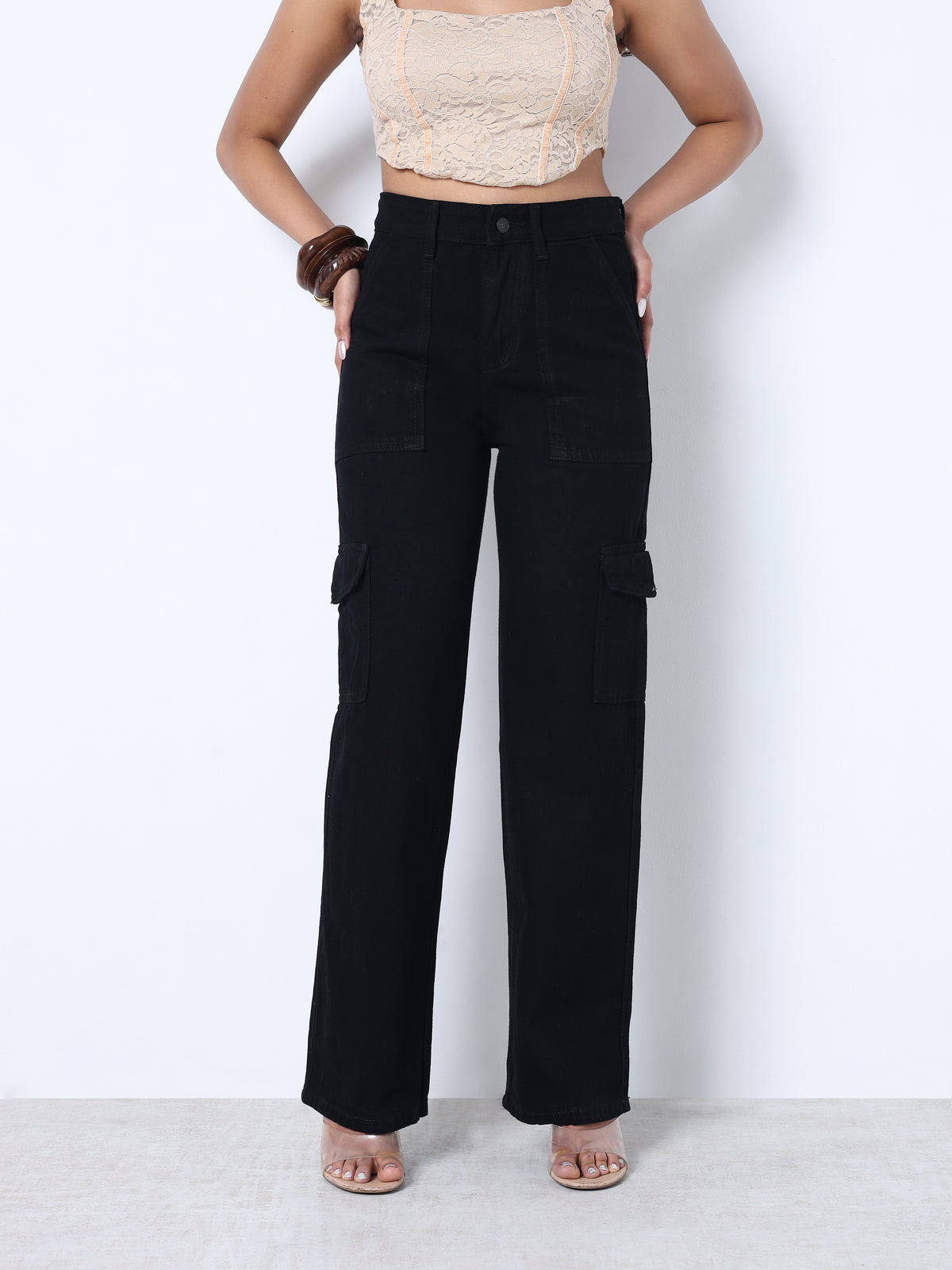 Zuya Straight Fit Plain Denim Cargo Jeans - 6 Pockets / Rugged Utility Meets Everyday Style / Black - MY4008-BLACK-CARGO-A