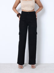 Zuya Straight Fit Plain Denim Cargo Jeans - 6 Pockets / Rugged Utility Meets Everyday Style / Black - MY4008-BLACK-CARGO-A