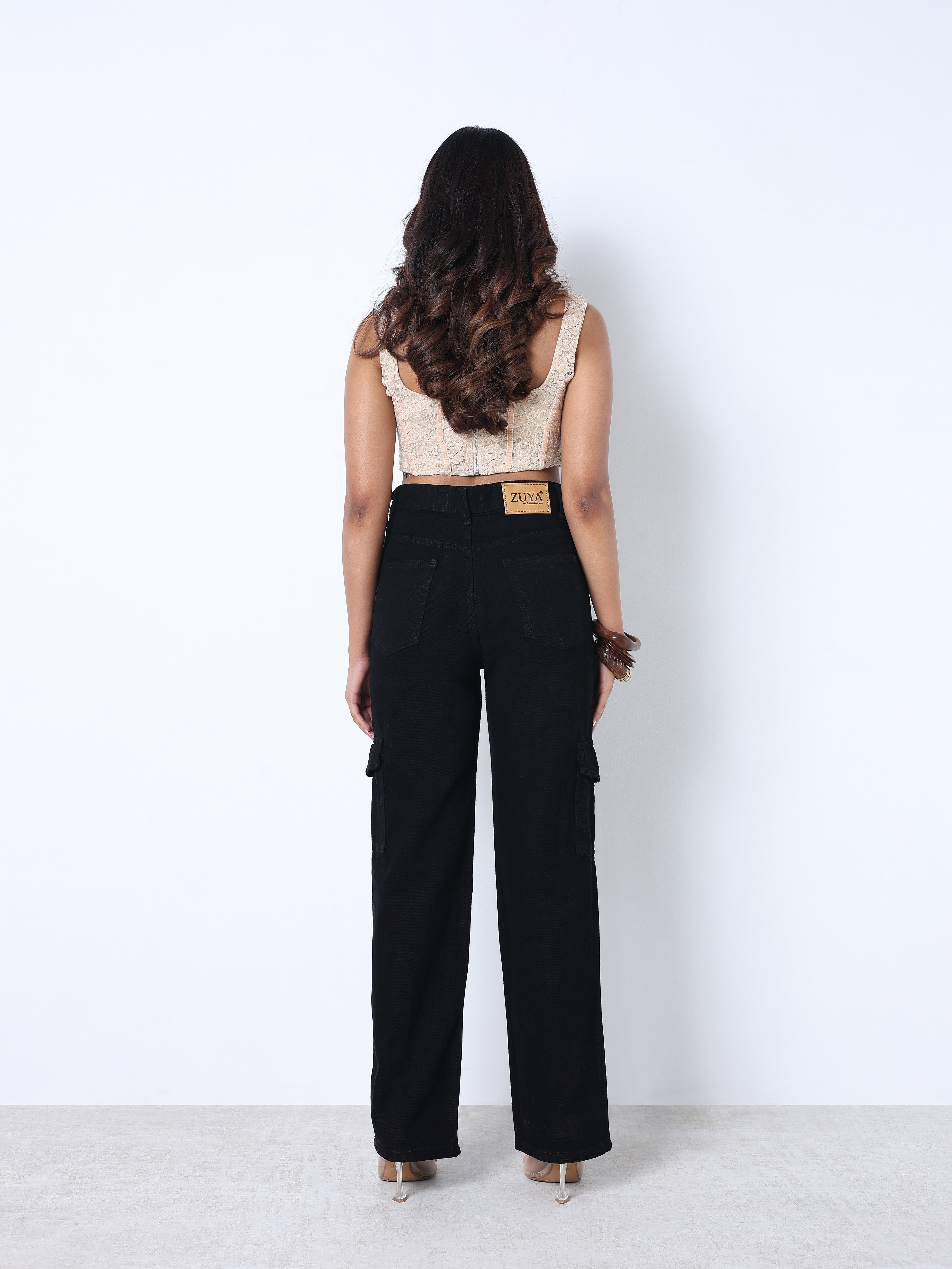 Zuya Straight Fit Plain Denim Cargo Jeans - 6 Pockets / Rugged Utility Meets Everyday Style / Black - MY4008-BLACK-CARGO-A