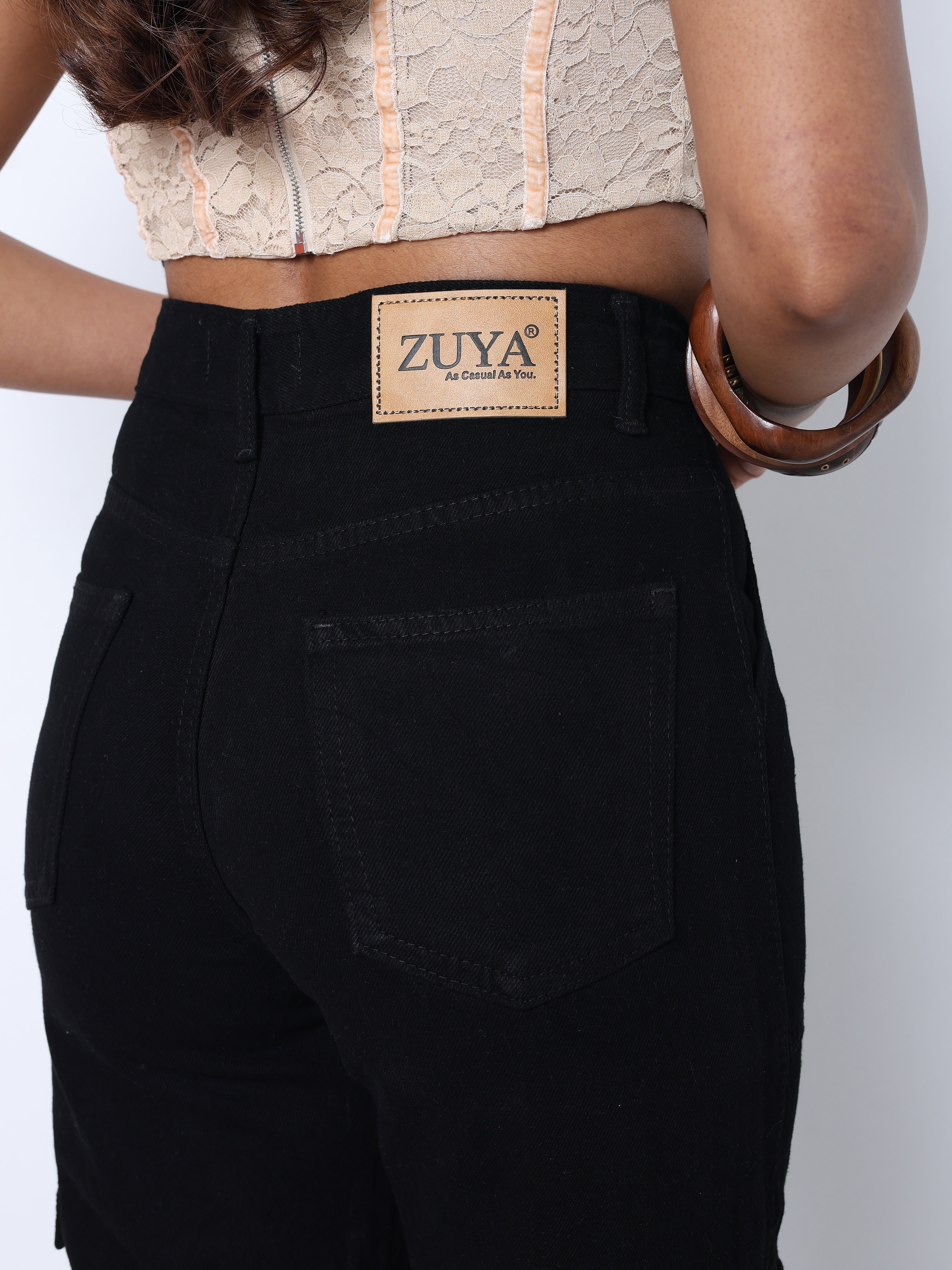 Zuya Straight Fit Plain Denim Cargo Jeans - 6 Pockets / Rugged Utility Meets Everyday Style / Black - MY4008-BLACK-CARGO-A