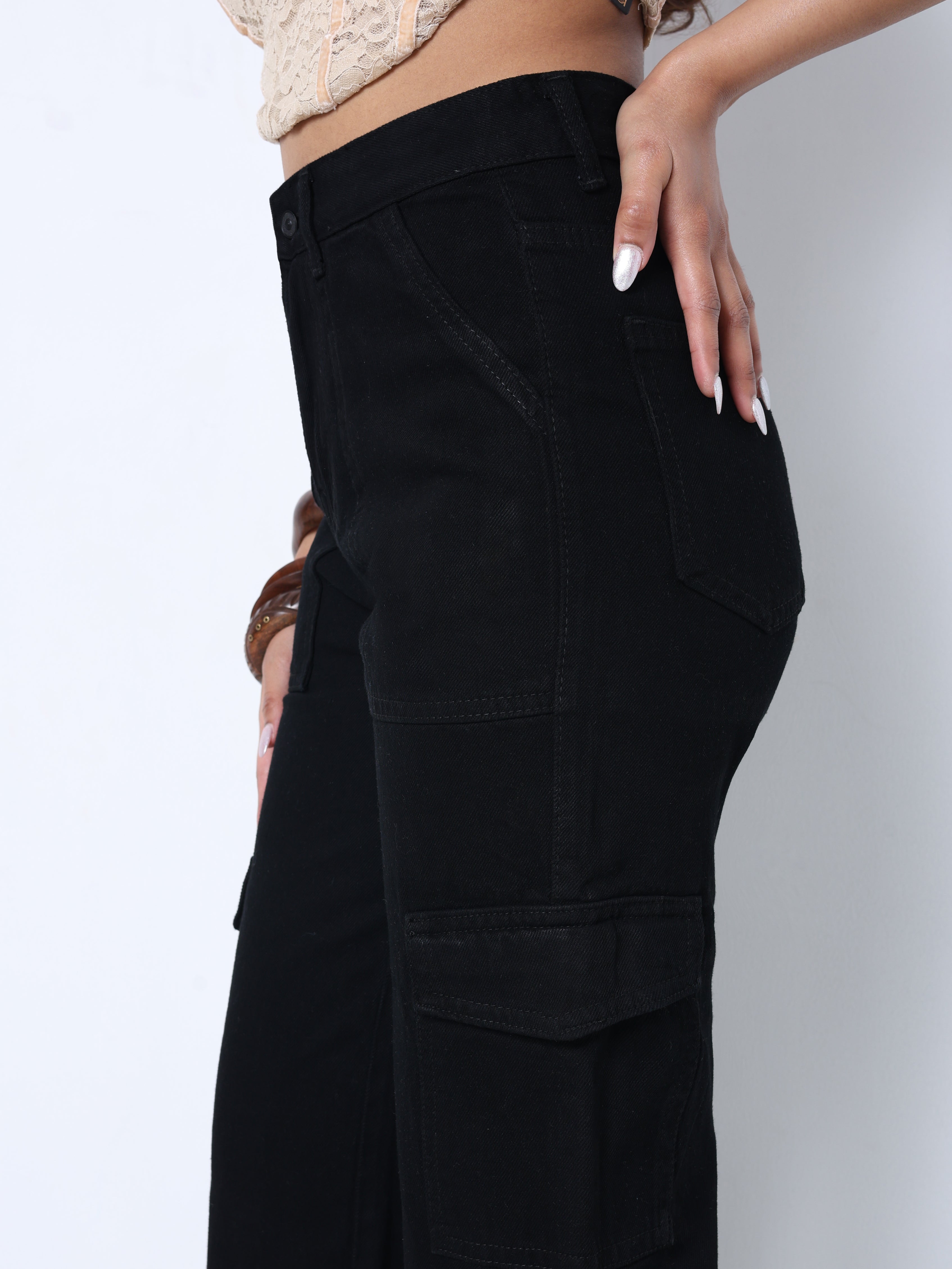 Zuya Straight Fit Plain Denim Cargo Jeans - 6 Pockets / Rugged Utility Meets Everyday Style / Black - MY4008-BLACK-CARGO-A