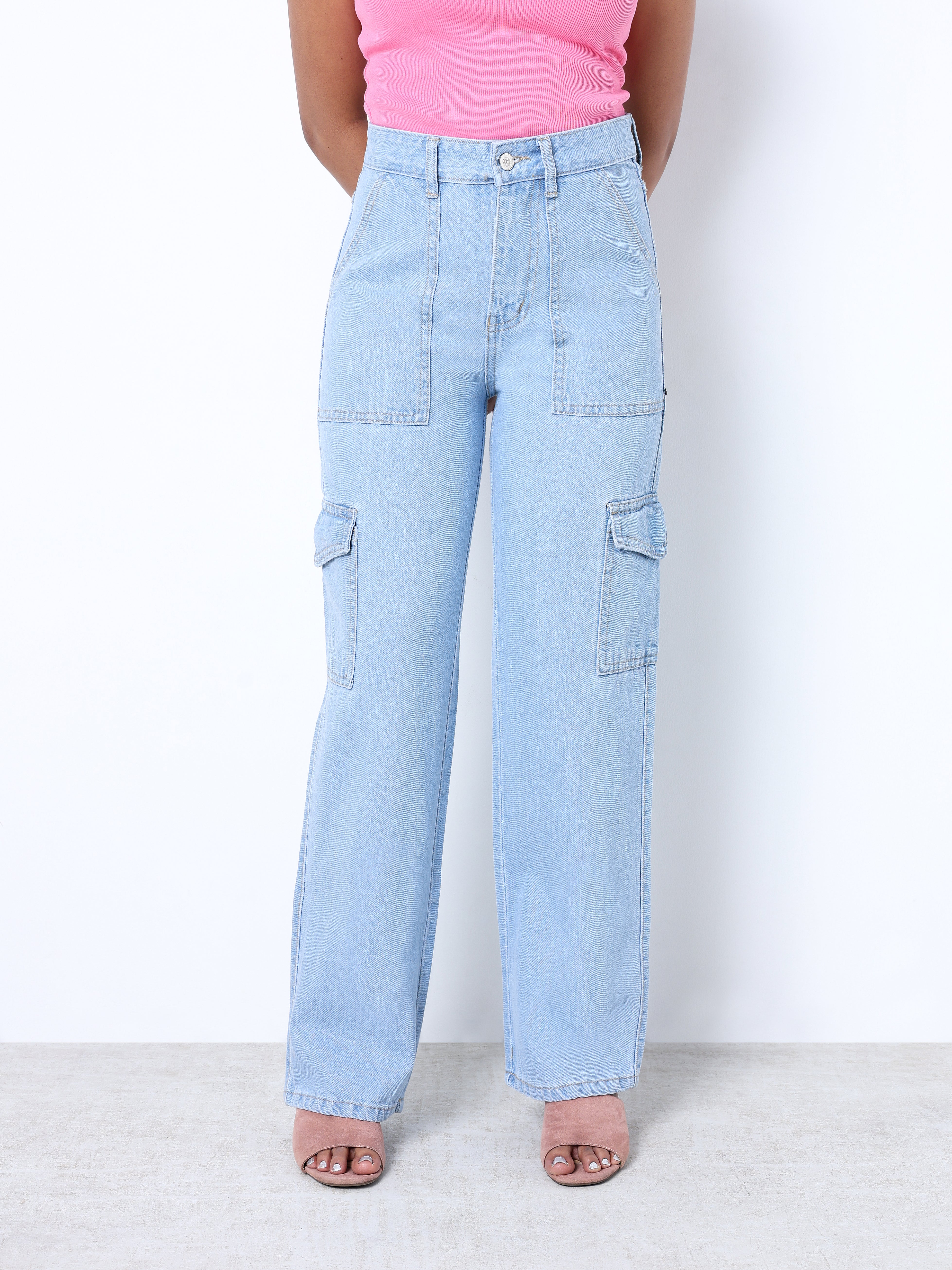 Zuya Straight Fit Plain Denim Cargo Jeans - 6 Pockets / Rugged Utility Meets Everyday Style / Ice Blue - MY4008-ICE-CARGO-A