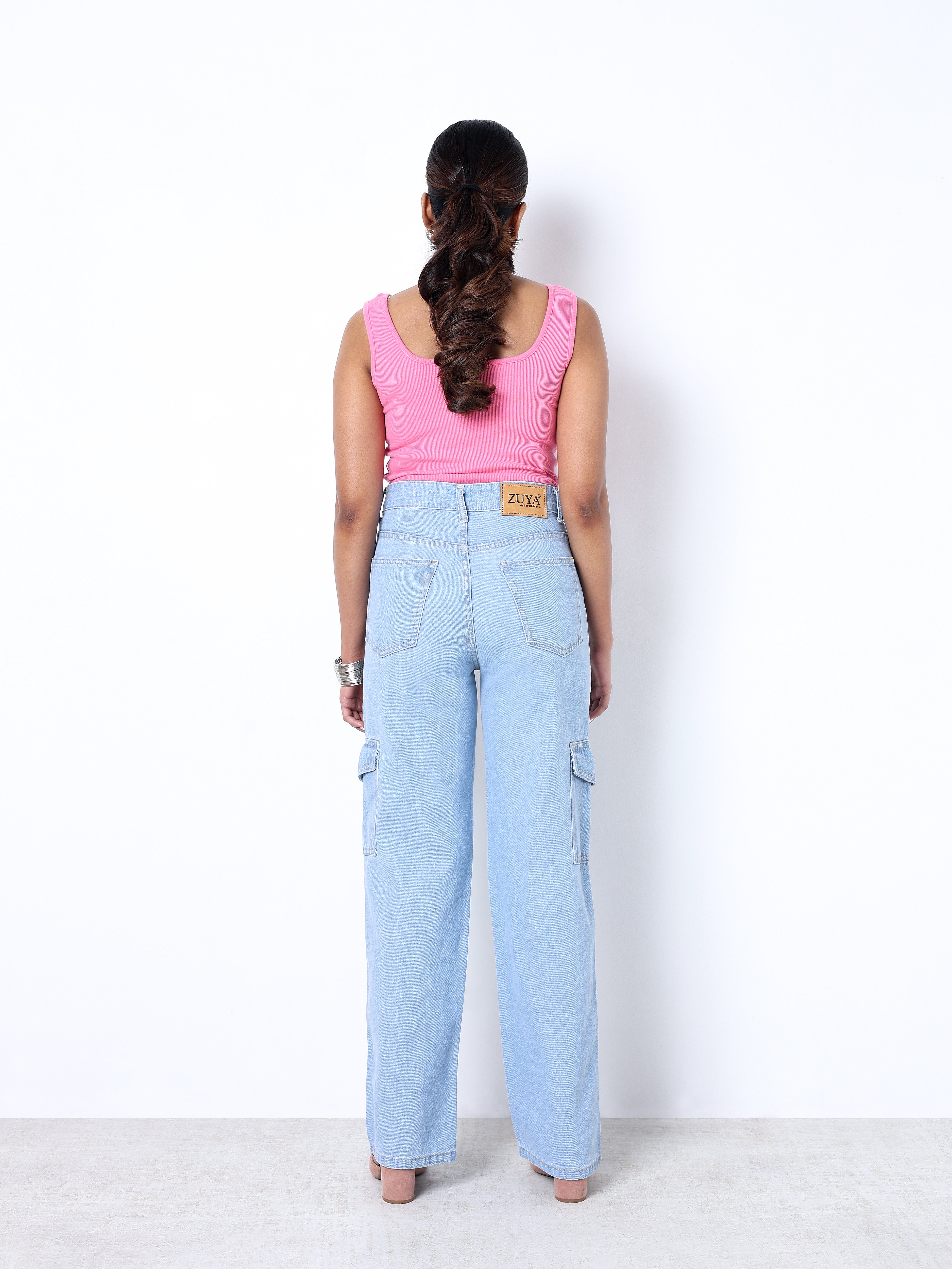 Zuya Straight Fit Plain Denim Cargo Jeans - 6 Pockets / Rugged Utility Meets Everyday Style / Ice Blue - MY4008-ICE-CARGO-A