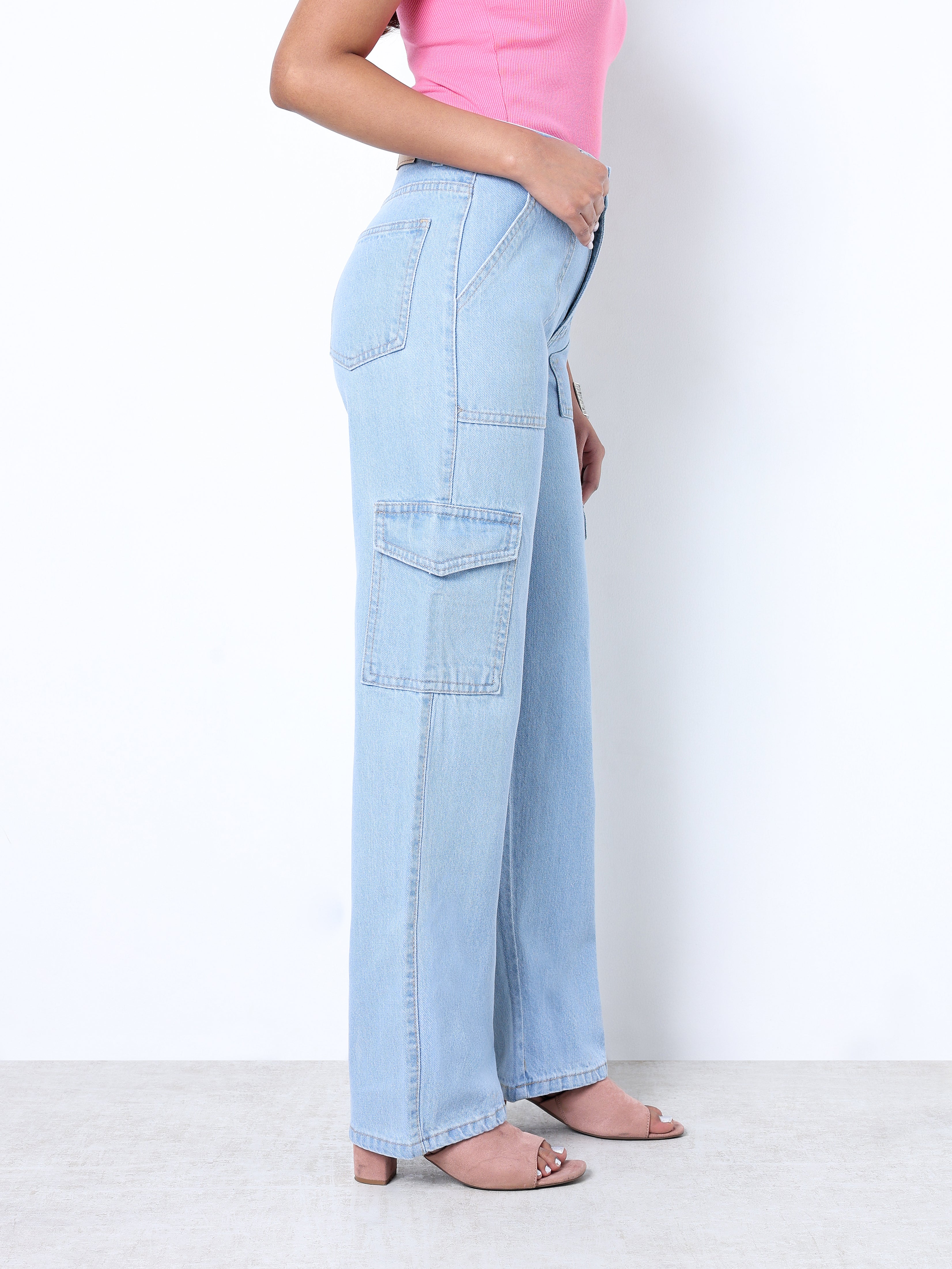 Zuya Straight Fit Plain Denim Cargo Jeans - 6 Pockets / Rugged Utility Meets Everyday Style / Ice Blue - MY4008-ICE-CARGO-A