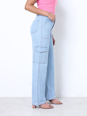 Zuya Straight Fit Plain Denim Cargo Jeans - 6 Pockets / Rugged Utility Meets Everyday Style / Ice Blue - MY4008-ICE-CARGO-A