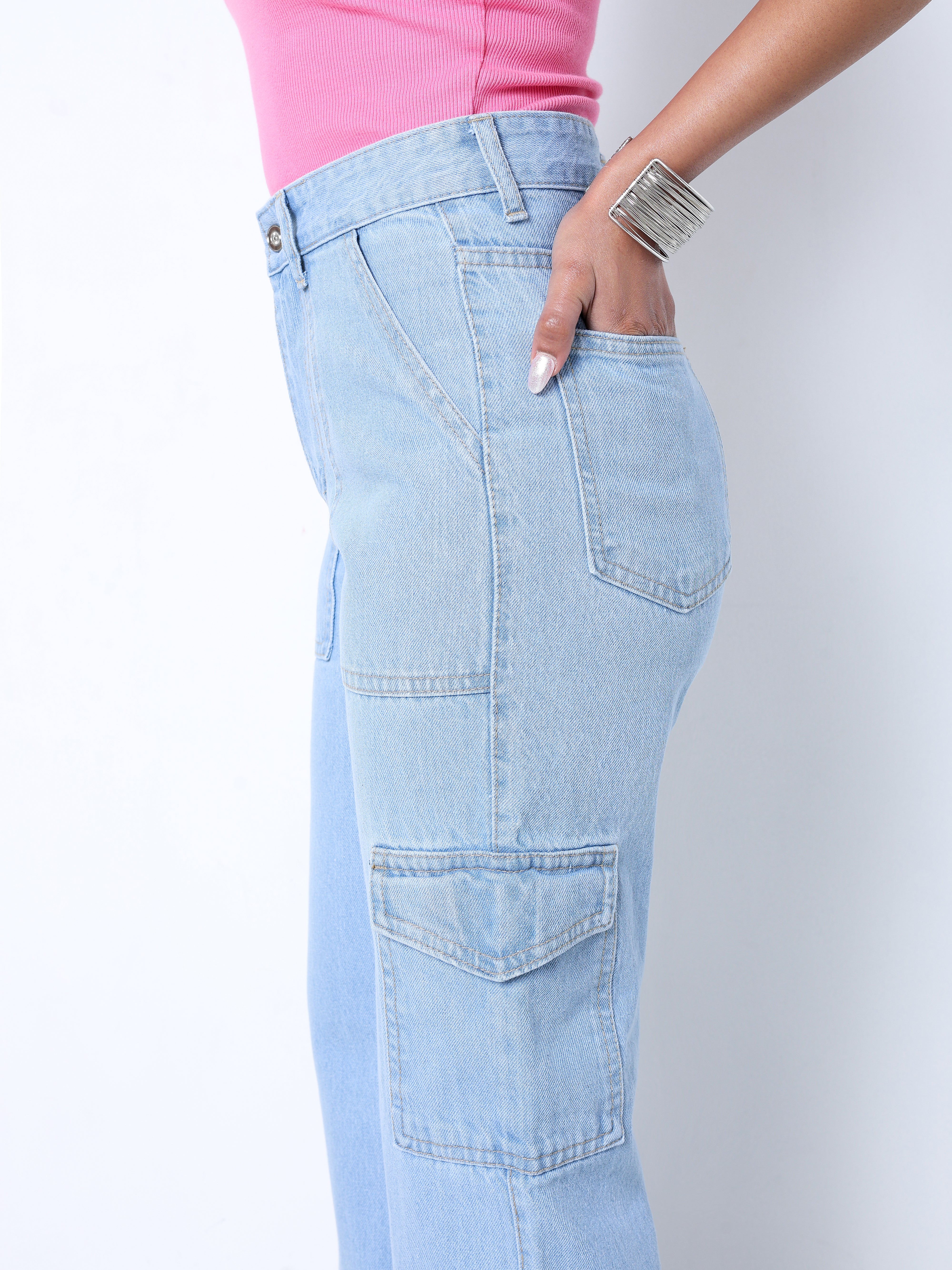 Zuya Straight Fit Plain Denim Cargo Jeans - 6 Pockets / Rugged Utility Meets Everyday Style / Ice Blue - MY4008-ICE-CARGO-A