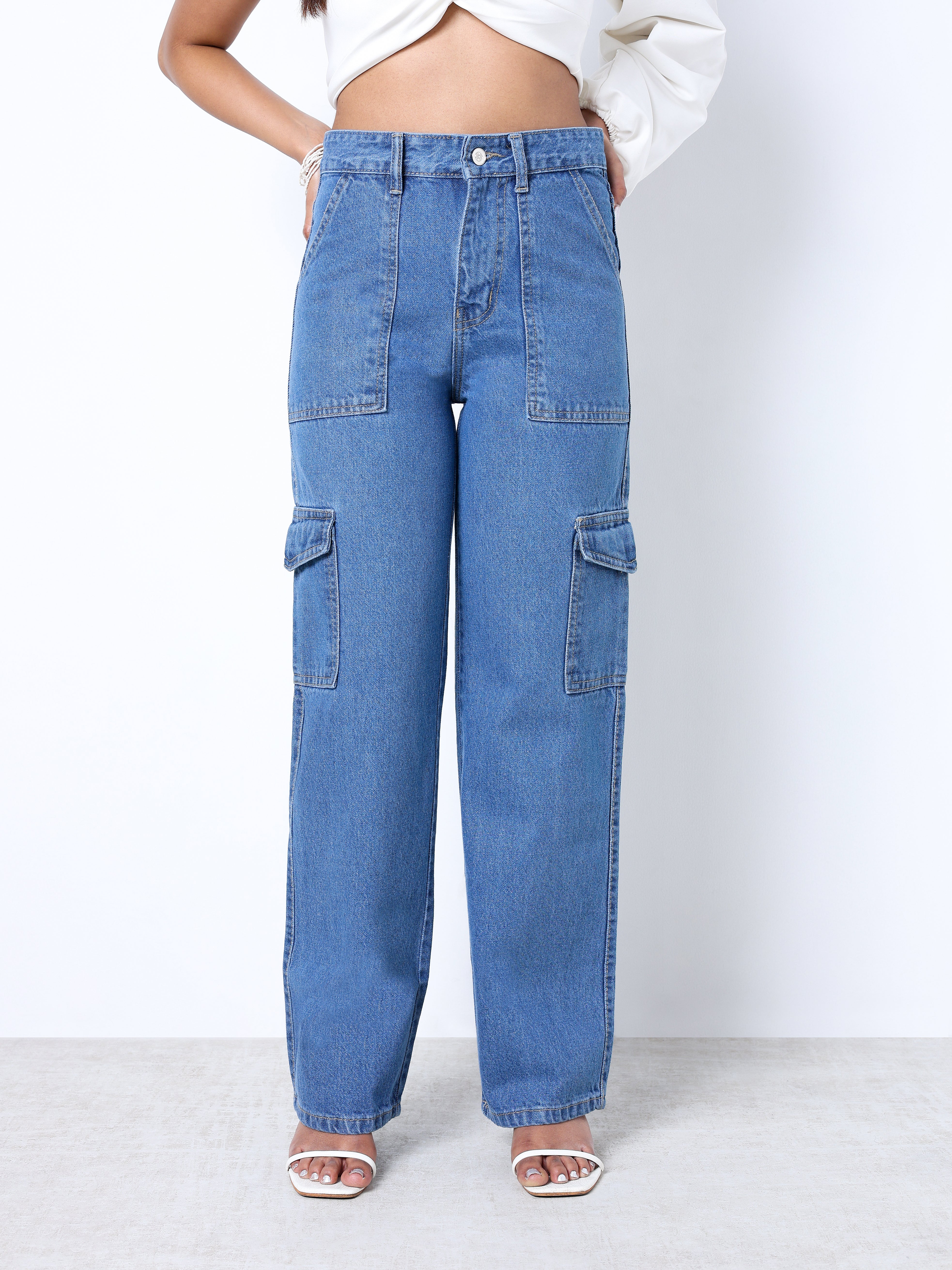 Zuya Straight Fit Plain Denim Cargo Jeans - 6 Pockets / Rugged Utility Meets Everyday Style / Stone Blue - MY4008-STONE-PLAIN-CARGO-A