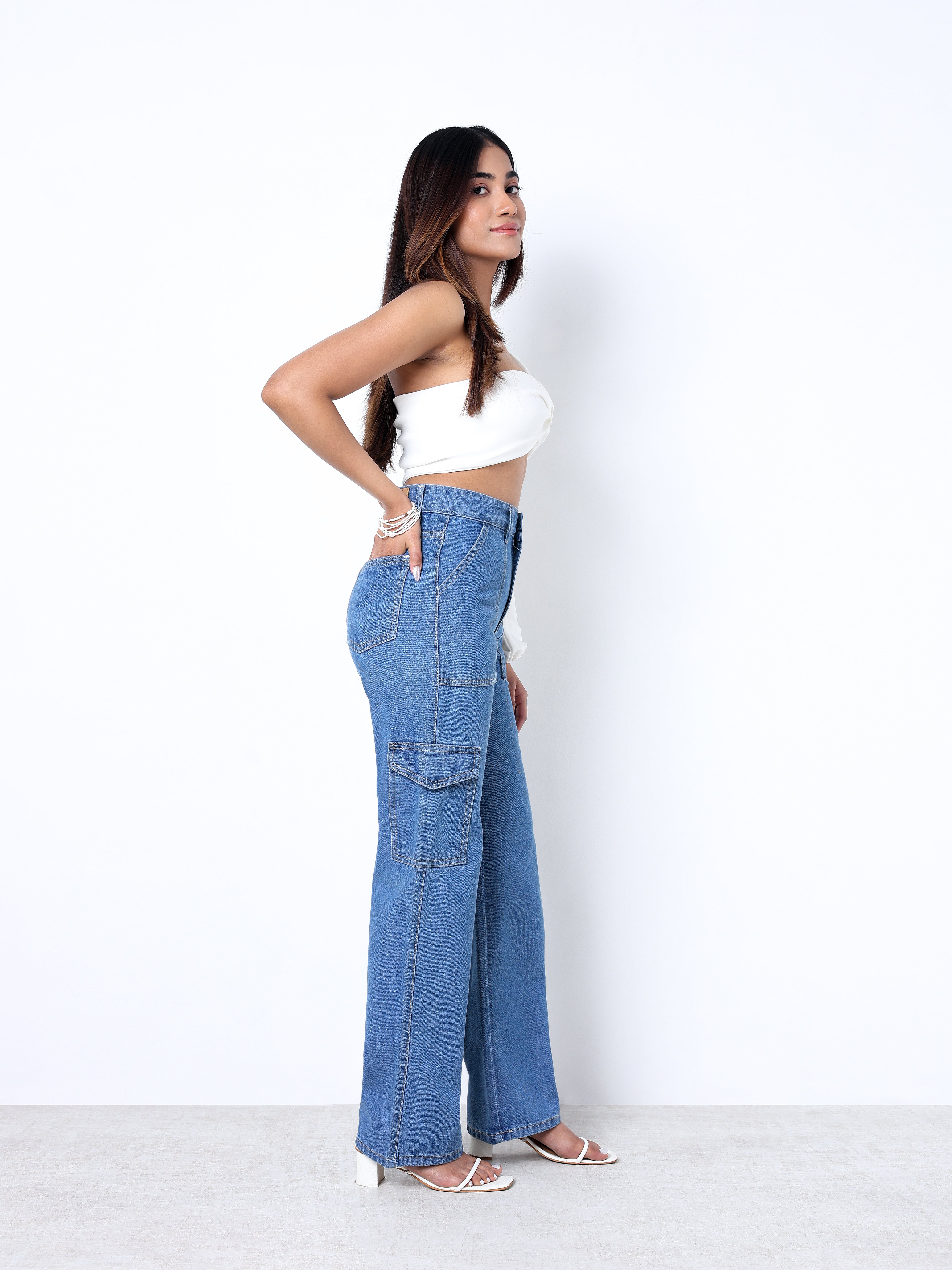 Zuya Straight Fit Plain Denim Cargo Jeans - 6 Pockets / Rugged Utility Meets Everyday Style / Stone Blue - MY4008-STONE-PLAIN-CARGO-A