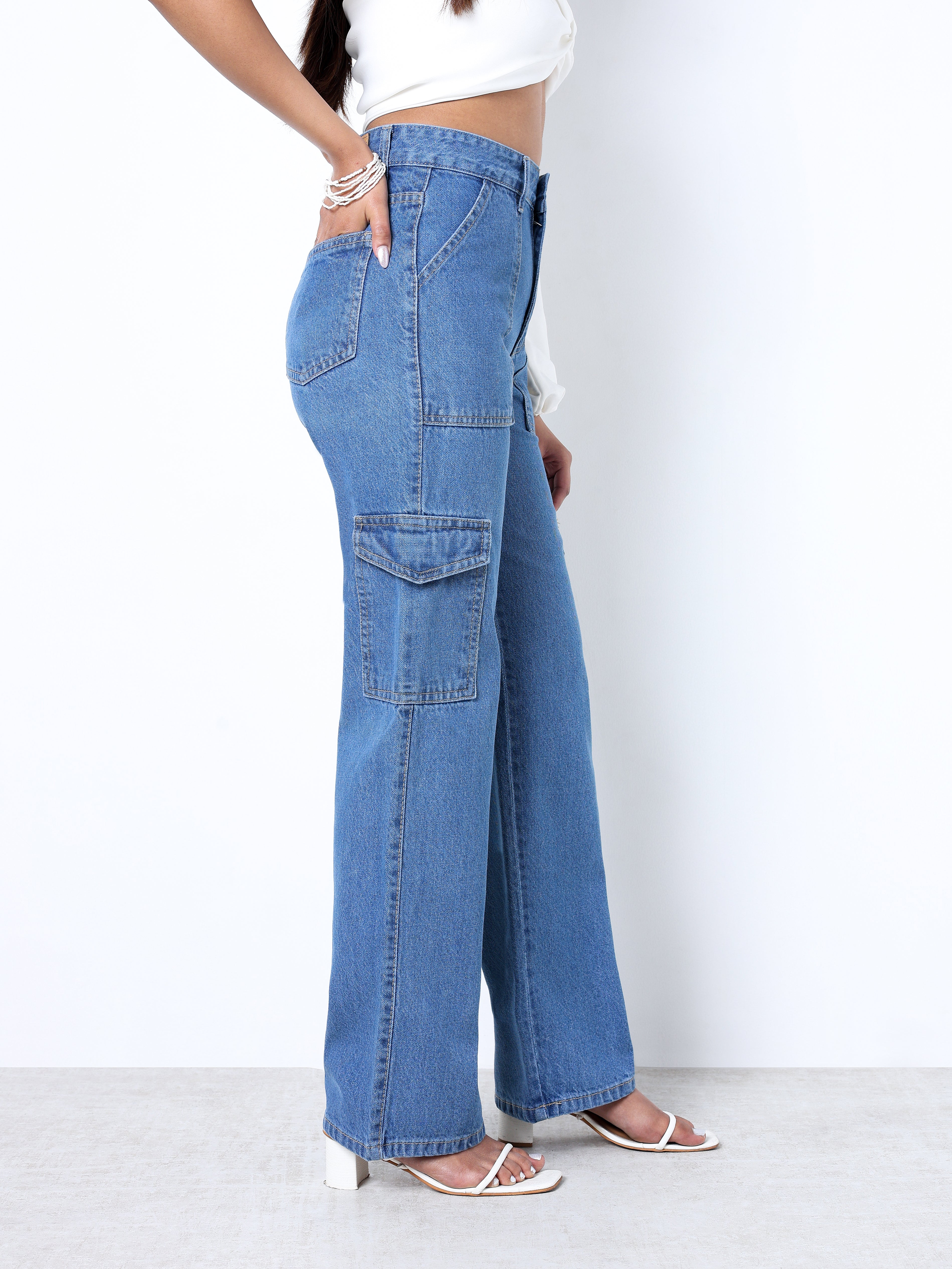 Zuya Straight Fit Plain Denim Cargo Jeans - 6 Pockets / Rugged Utility Meets Everyday Style / Stone Blue - MY4008-STONE-PLAIN-CARGO-A