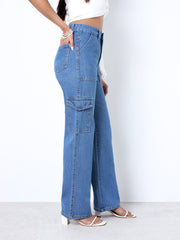 Zuya Straight Fit Plain Denim Cargo Jeans - 6 Pockets / Rugged Utility Meets Everyday Style / Stone Blue - MY4008-STONE-PLAIN-CARGO-A